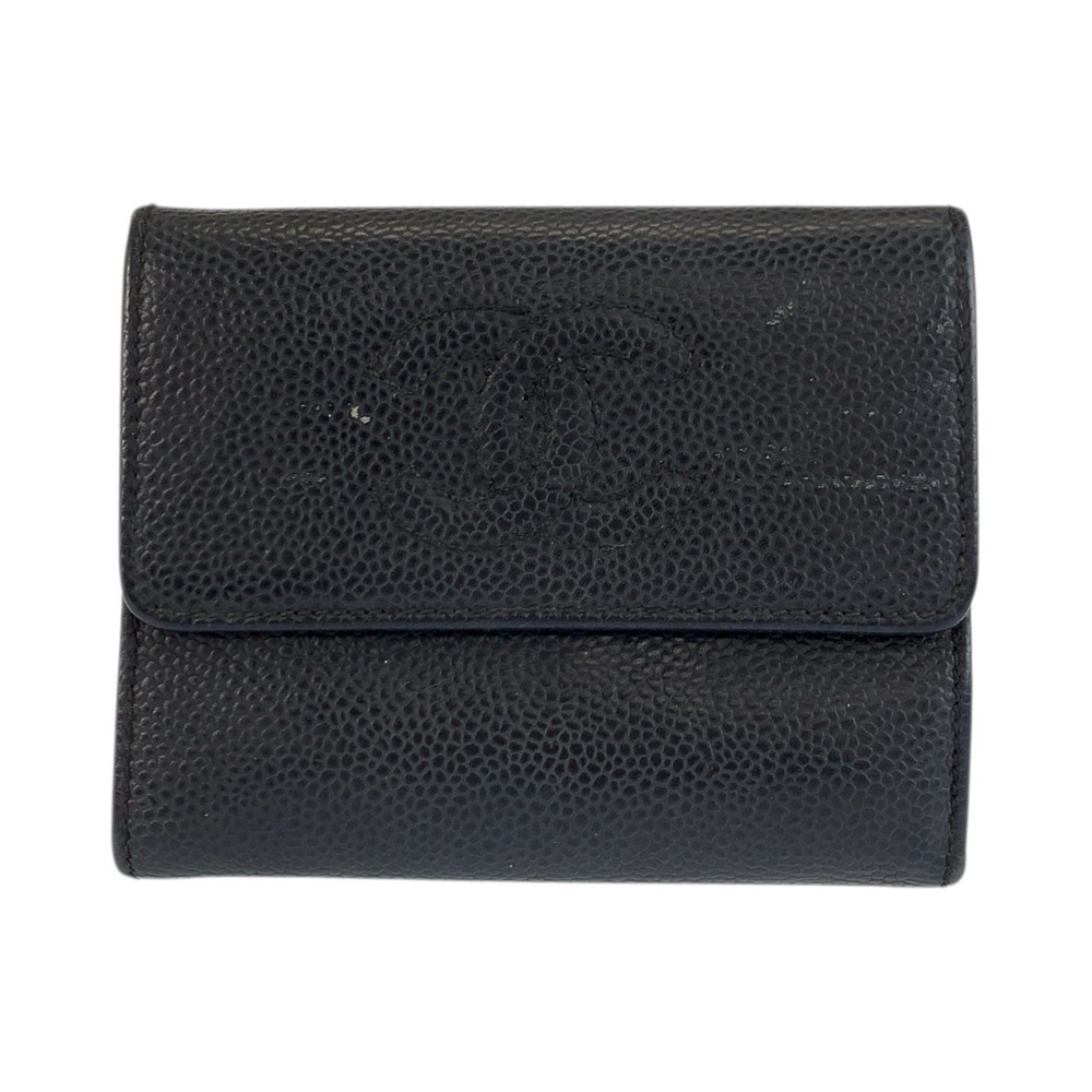 CHANEL Coco Mark Black Leather Folding Wallet Compact for Women